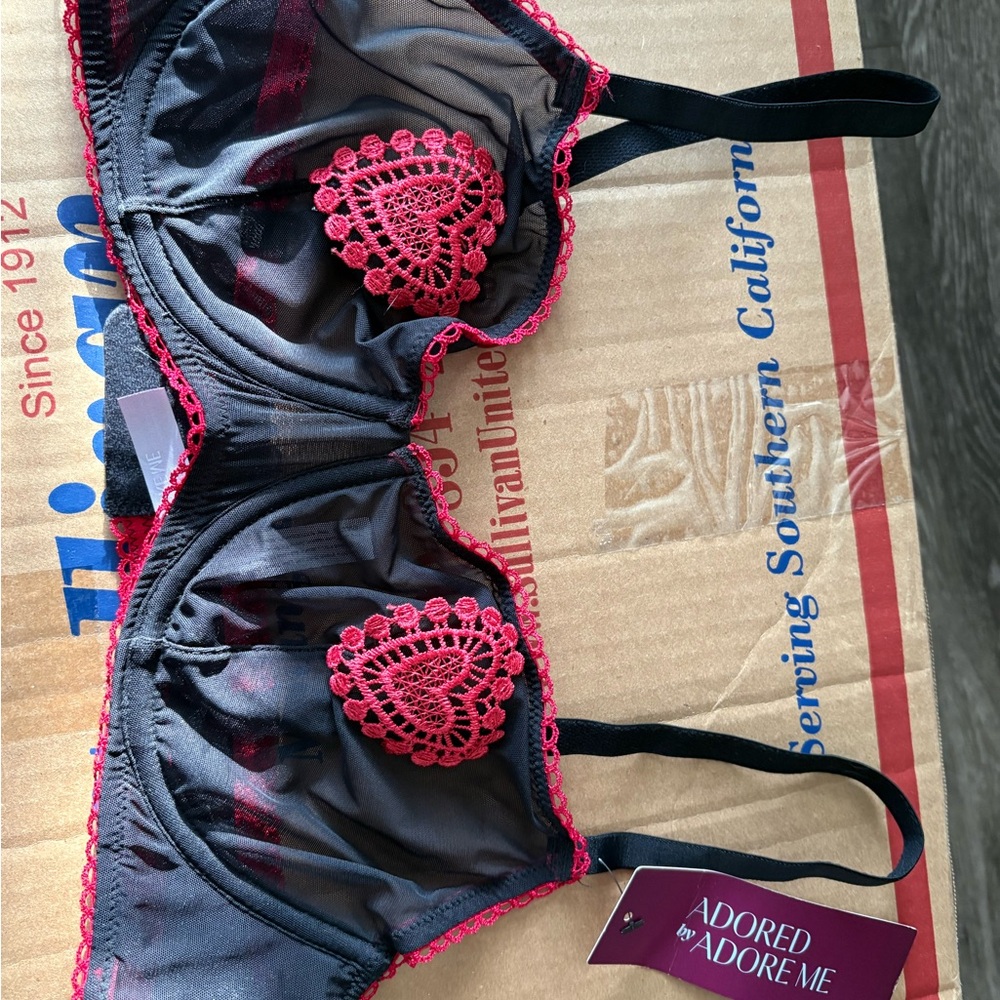 Adore Me Black and Red Embroidered Bra